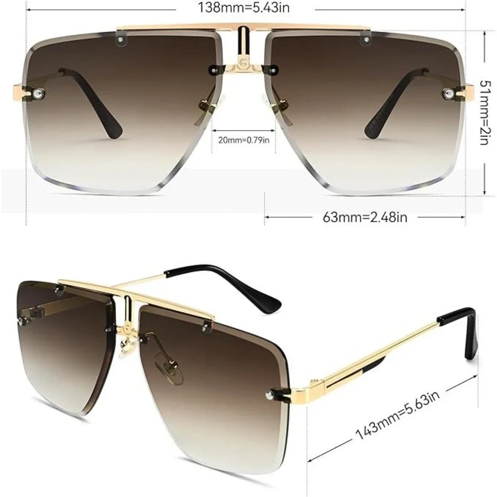 Men's Oversized Square Rimless Sunglasses Gold Double Bridge Gradient Brown Lens